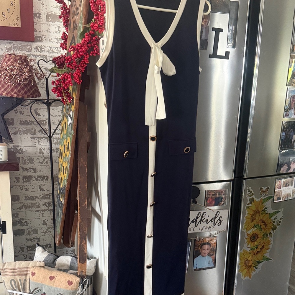 Elegant Navy and White Sleeveless Dress